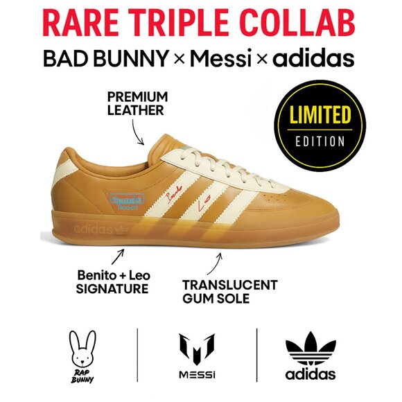 Adidas x Bad Bunny x Messi Gazelle Indoor JR0182 | M7/W8 | NWT Tan/Cream - Picture 1 of 14